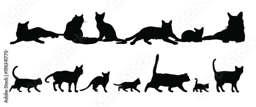Set of silhouettes of the cats vector illustrations - Black cats - Isolated on white background　黒猫のベクター素材