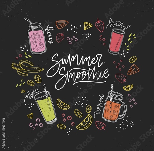 Summer Smoothie handwritten inscription surrounded by refreshing healthy drin...