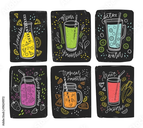 Collection of colorful healthy drinks - smoothie, detox water, lemonade, juice. Set of fresh tasty beverages made of tropical fruits, berries, green vegetables. Bright colored vector illustration.