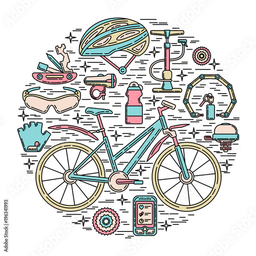 Creative round vector illustration of active lifestyle. Editable stroke design element. Perfect for sport club, bicycle rental and spare parts shop.