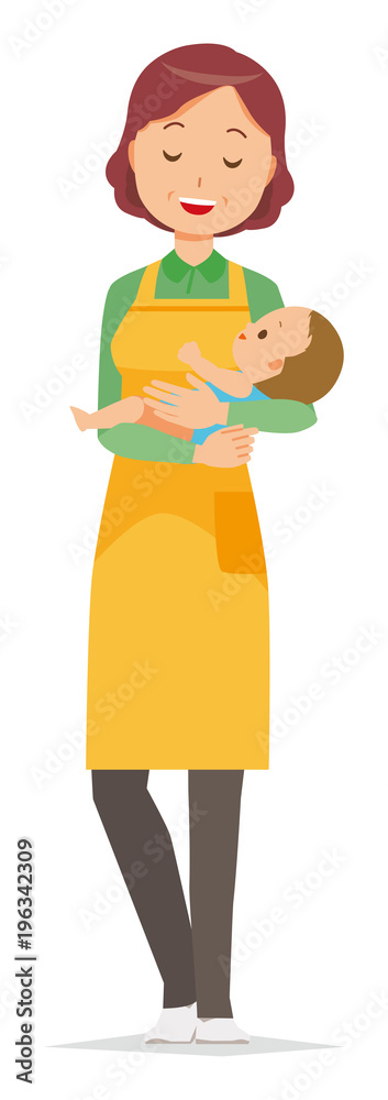 A middle-aged housewife wearing an apron is hugging a baby A middle-aged housewife wearing an apron is hugging a baby