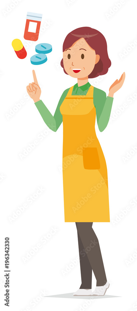 A middle-aged housewife wearing an apron is explains about medicine A middle-aged housewife wearing an apron is explains about medicine