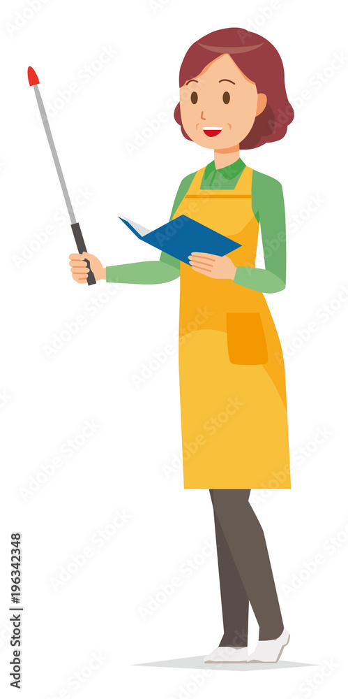 A middle-aged housewife wearing an apron has a pointer A middle-aged housewife wearing an apron has a pointer