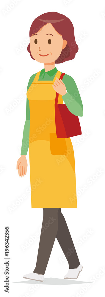 A middle-aged housewife wearing an apron is walking with bag