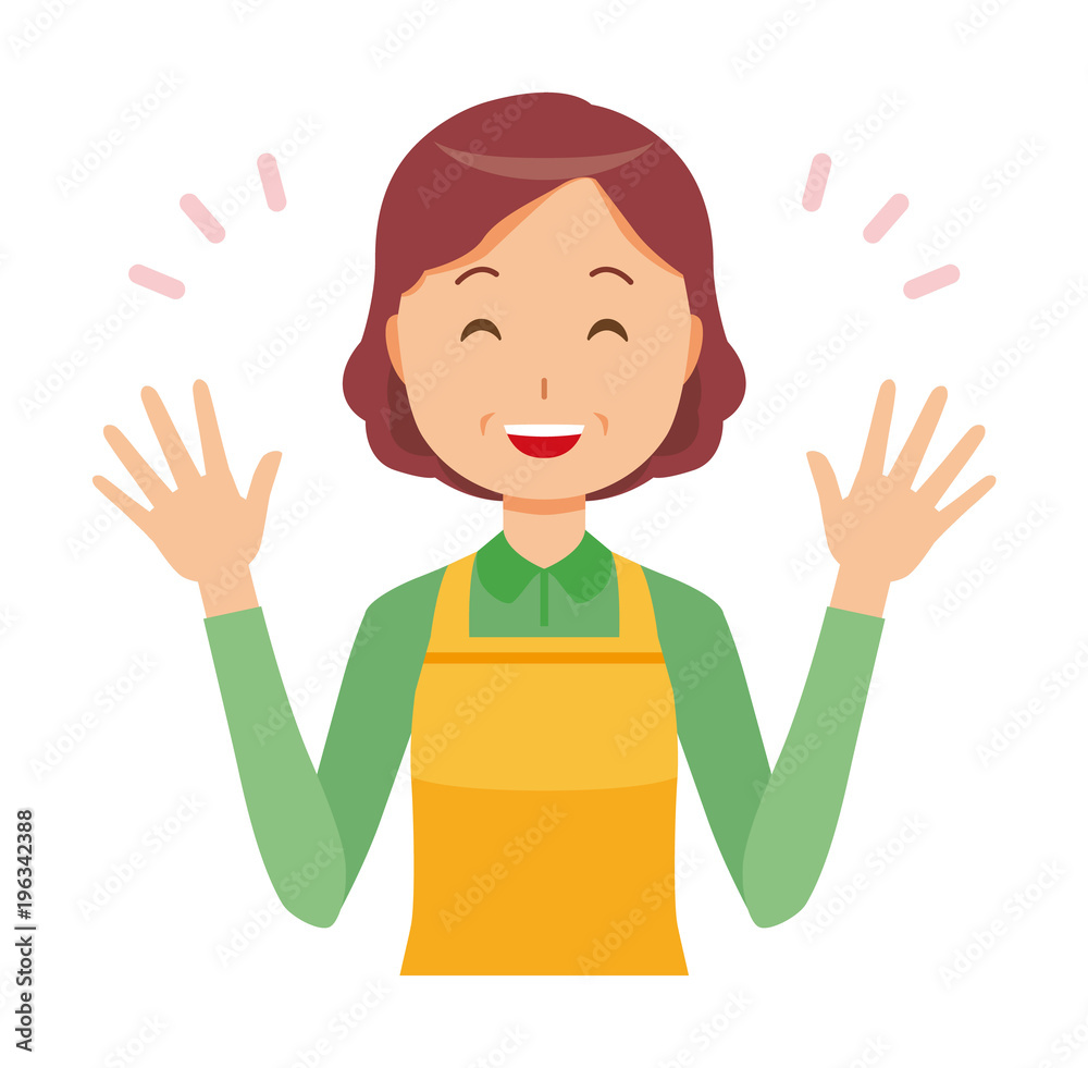 A middle-aged housewife wearing an apron is spreading his hands A middle-aged housewife wearing an apron is spreading his hands