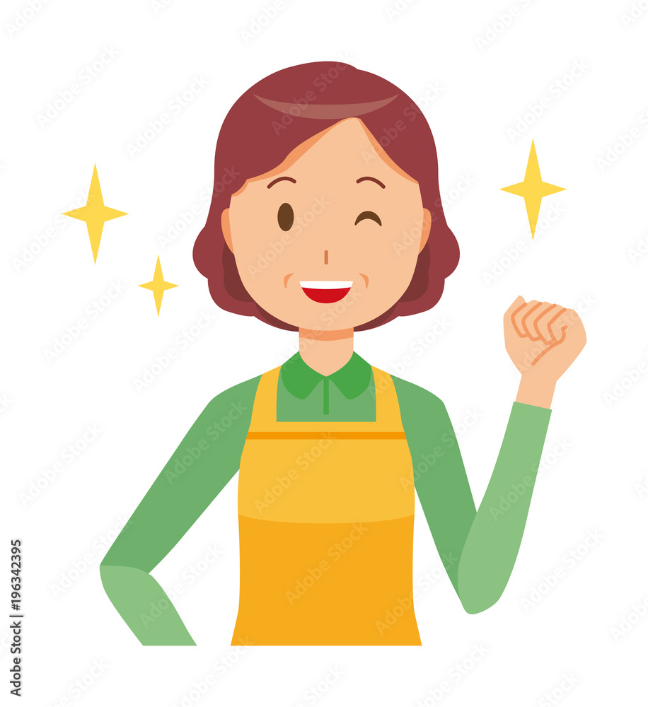 A middle-aged housewife wearing an apron is winking and raised one hand A middle-aged housewife wearing an apron is winking and raised one hand