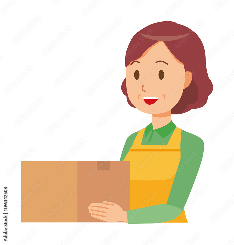 A middle-aged housewife wearing an apron has a box A middle-aged housewife wearing an apron has a box