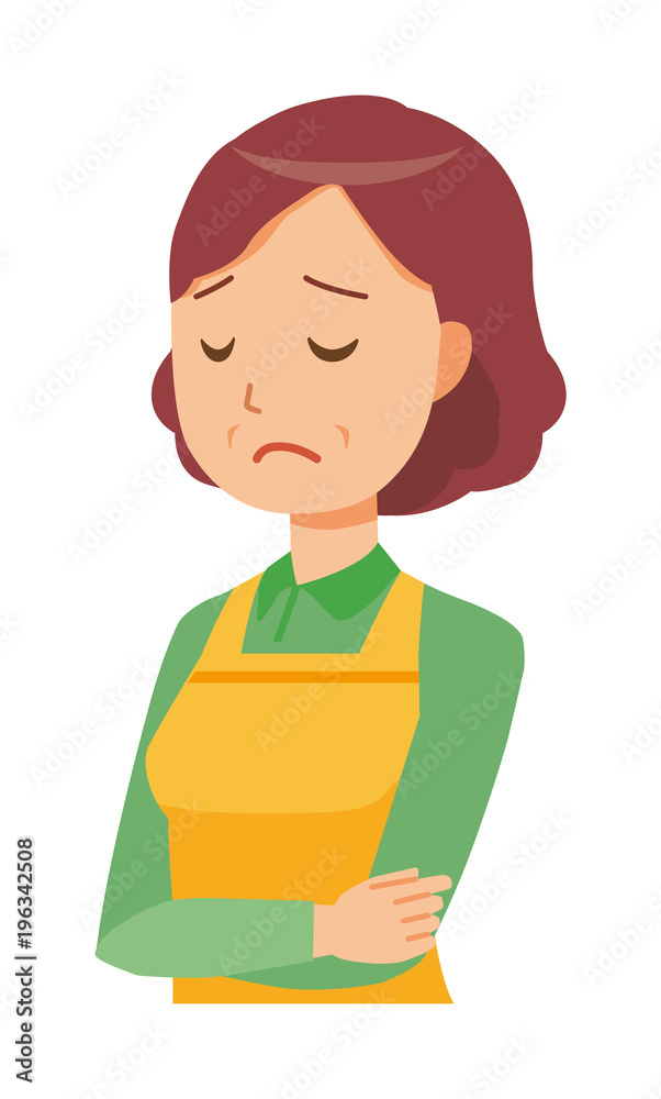 A middle-aged housewife wearing an apron is depressed