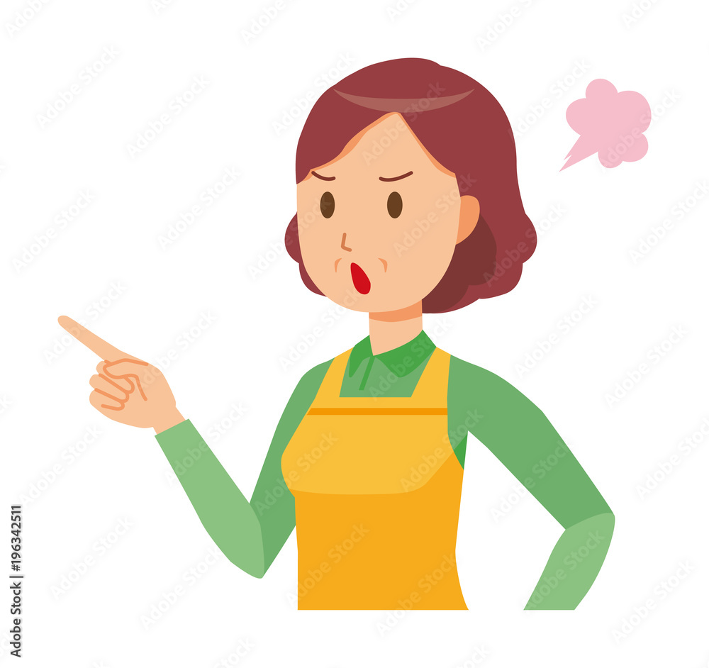 A middle-aged housewife wearing an apron is angrily pointing to a finger A middle-aged housewife wearing an apron is angrily pointing to a finger
