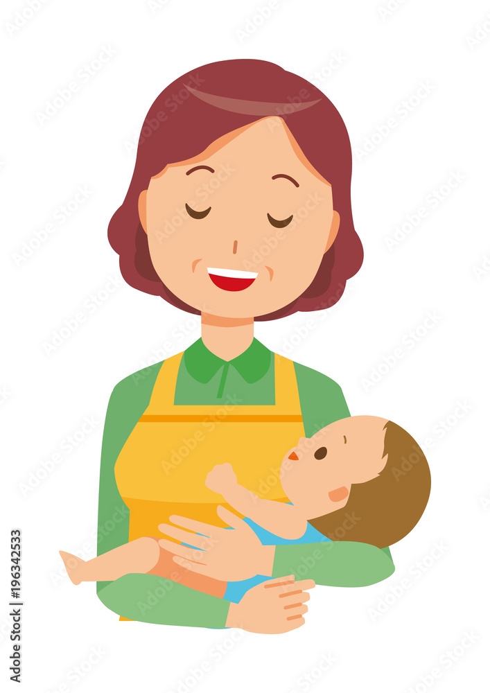 A middle-aged housewife wearing an apron is hugging a baby