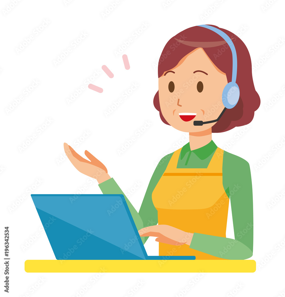 A middle-aged housewife wearing an apron is talking on income