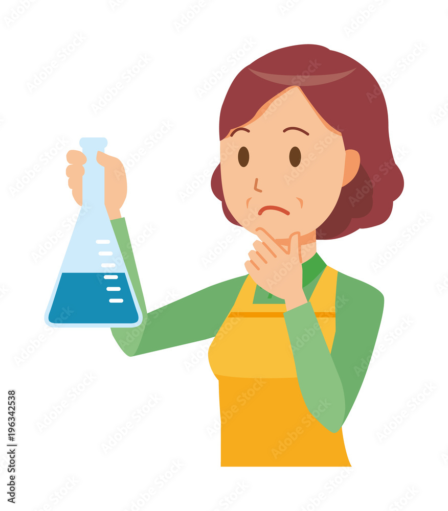 A middle-aged housewife wearing an apron has an erlenmeyer flask A middle-aged housewife wearing an apron has an erlenmeyer flask