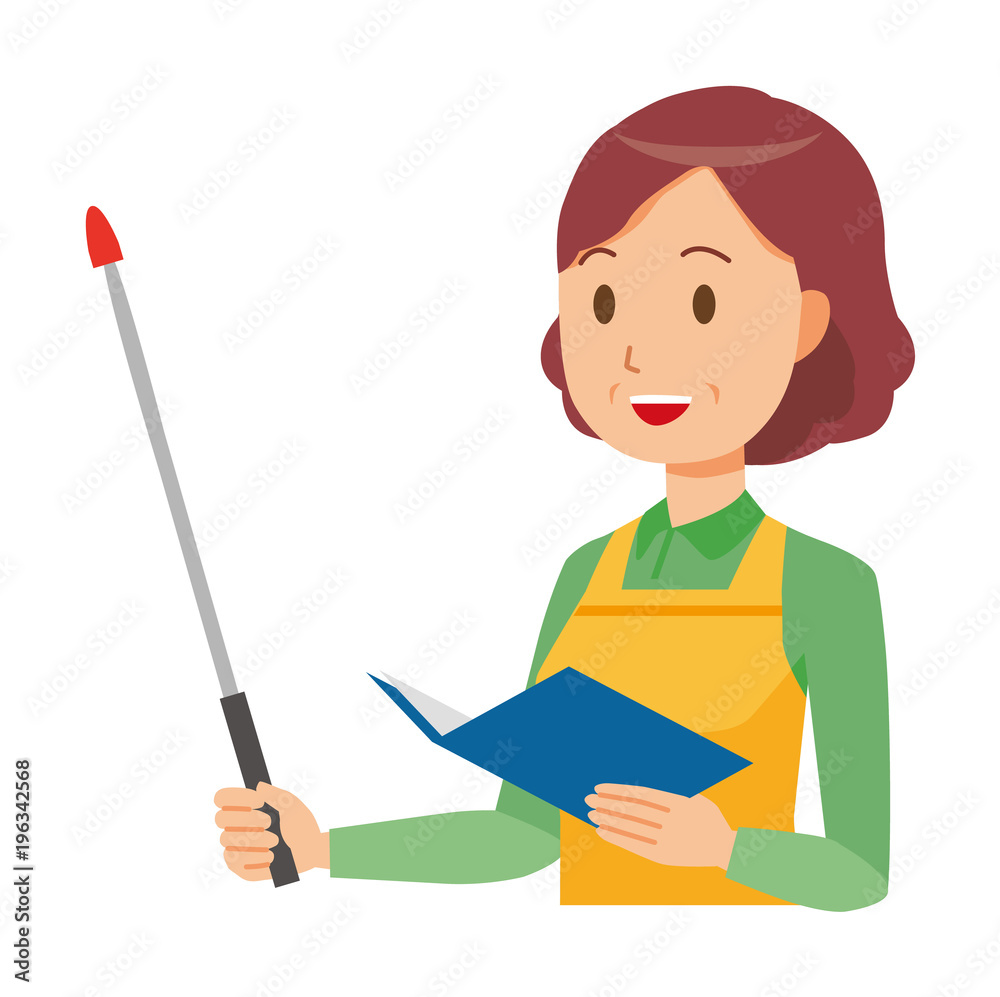 A middle-aged housewife wearing an apron has a pointer A middle-aged housewife wearing an apron has a pointer