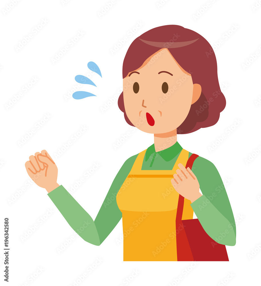 A middle-aged housewife wearing an apron is running with bag A middle-aged housewife wearing an apron is running with bag
