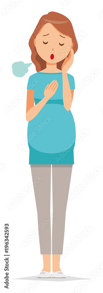 A pregnant woman wearing green clothes is sighing A pregnant woman wearing green clothes is sighing