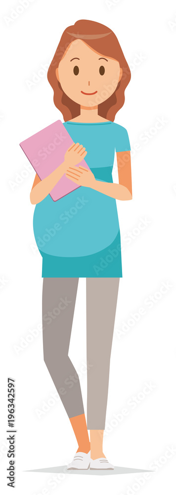 A pregnant woman wearing green clothes has a file A pregnant woman wearing green clothes has a file