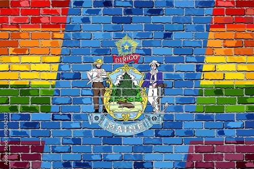 Brick Wall Maine and Gay flags - Illustration,
Rainbow flag on brick textured background, 
Abstract grunge Maine Flag and LGBT flag