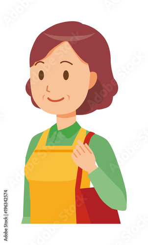 A middle-aged housewife wearing an apron is walking with bag