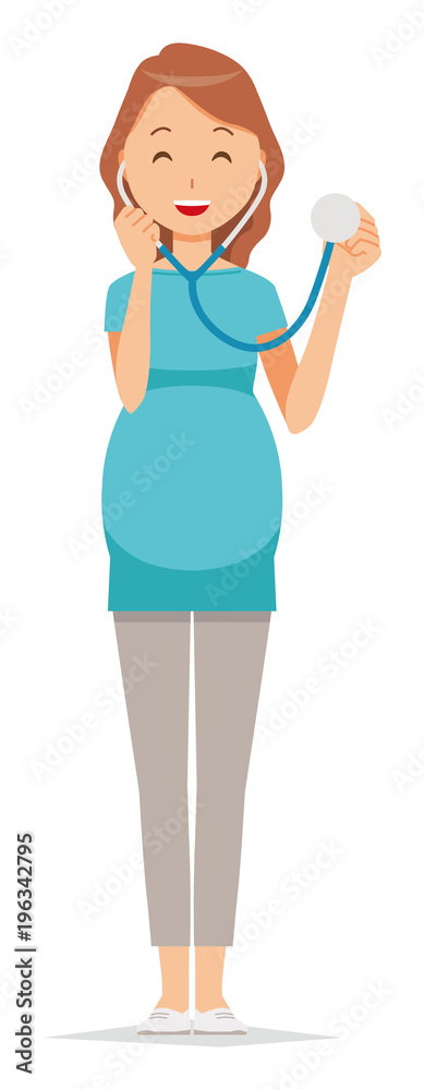A pregnant woman wearing green clothes ihas a stethoscope A pregnant woman wearing green clothes ihas a stethoscope