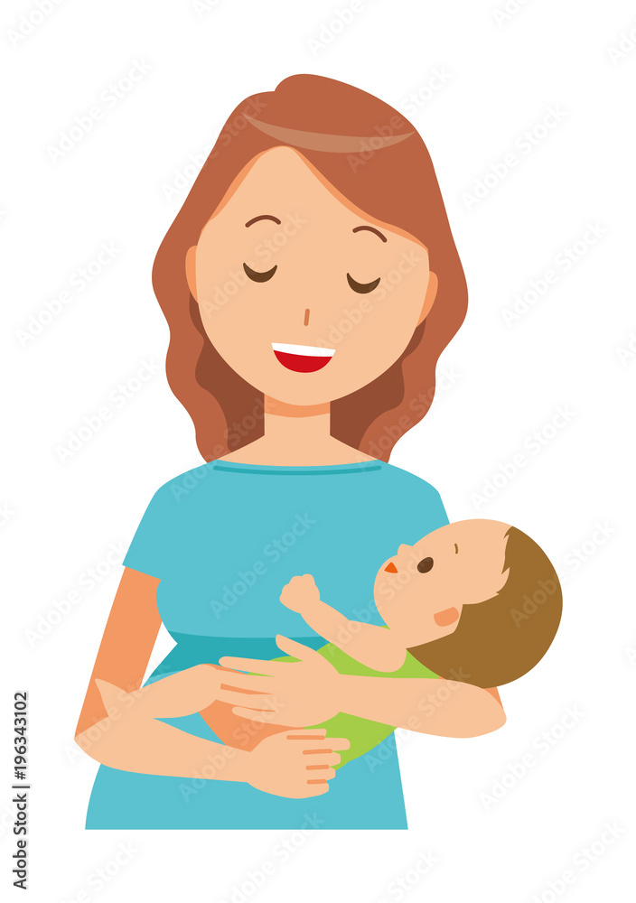 A pregnant woman wearing green clothes holds a baby in her arm A pregnant woman wearing green clothes holds a baby in her arm