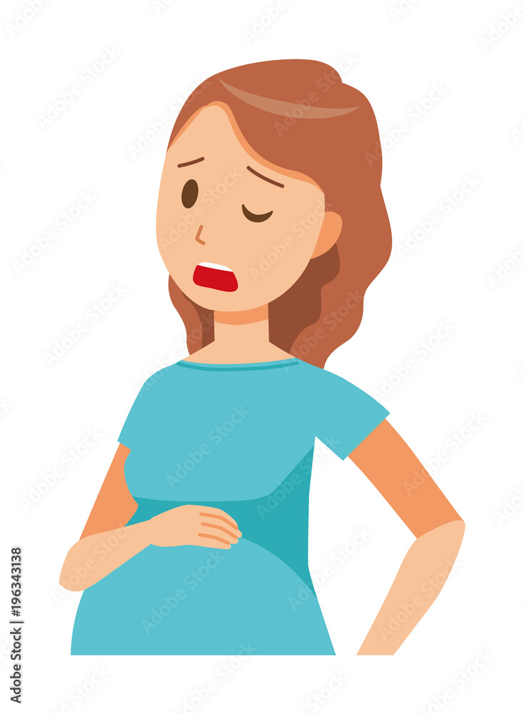A pregnant woman wearing green clothes is touching her low back A pregnant woman wearing green clothes is touching her low back