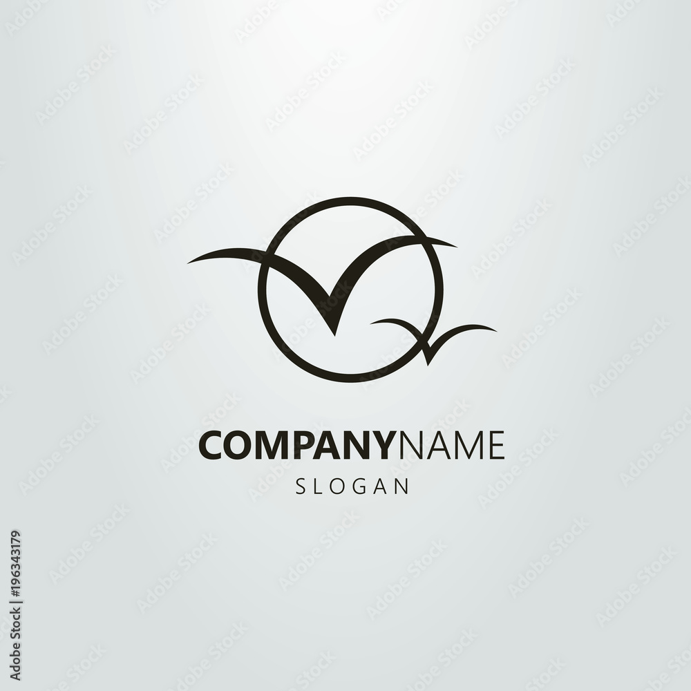 Flat black and white logo with two seagulls on a background of the sun Flat black and white logo with two seagulls on a background of the sun