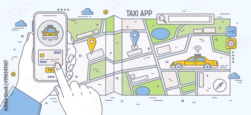 Horizontal banner with hands holding smartphone against city street map and driving yellow taxi car on background. Mobile application for online cabs booking. Colorful vector illustration.