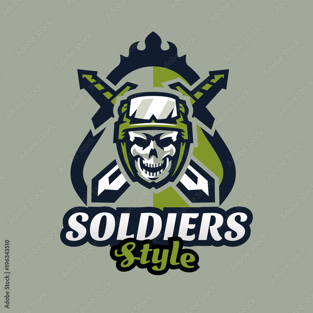 Emblem, badge, logotype military skull, helmet with tactical goggles and swords. Soldier, weapon, warrior, shield, lettering. Vector illustration