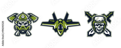 Set of logos on military themes. A skull in a gas mask and axes, a skull in a helmet with tactical goggles and swords, an airplane fighter. Vector illustration