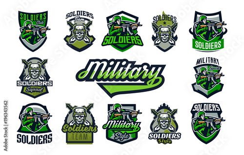 A collection of emblems, badges on a military theme. A skull in a helmet against the background of swords, tactical glasses, a soldier shooting from an assault rifle, camouflage. Vector illustration