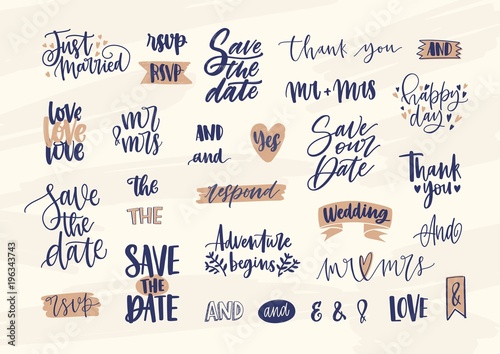 Collection of elegant wedding lettering or inscriptions handwritten with calligraphic font. Set of phrases, words, ampersands decorated with cute romantic elements. Hand drawn vector illustration.