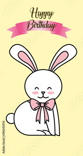 happy birthday card cute white bunny with bow celebration party vector illustration