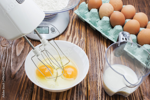 eggs and flour, products for baking cake. photo