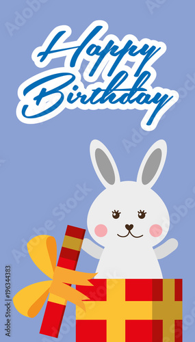 happy birthday card sweet bunny in gift box surprise vector illustration