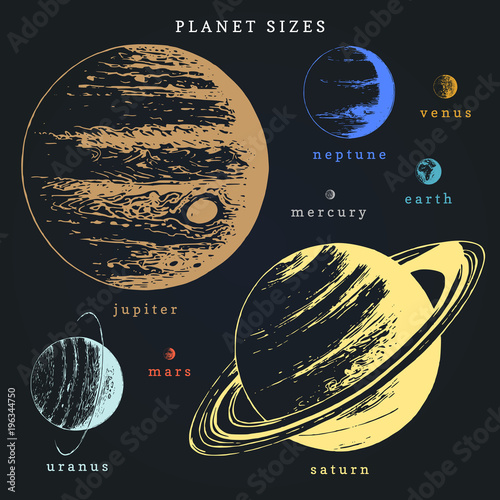 Solar system infographics in vector. Hand drawn illustration of planets in size comparison