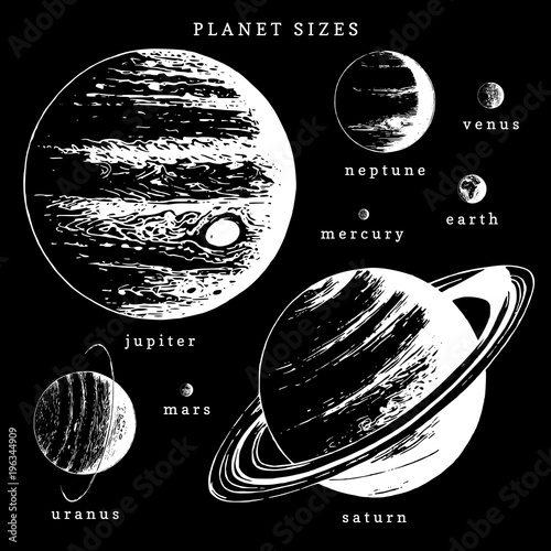 Solar system infographics in vector. Hand drawn illustration of planets in size comparison