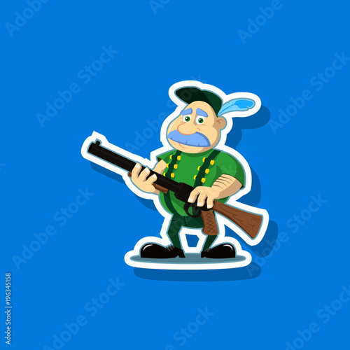 Color illustration of a cute cartoon hunter with a gun