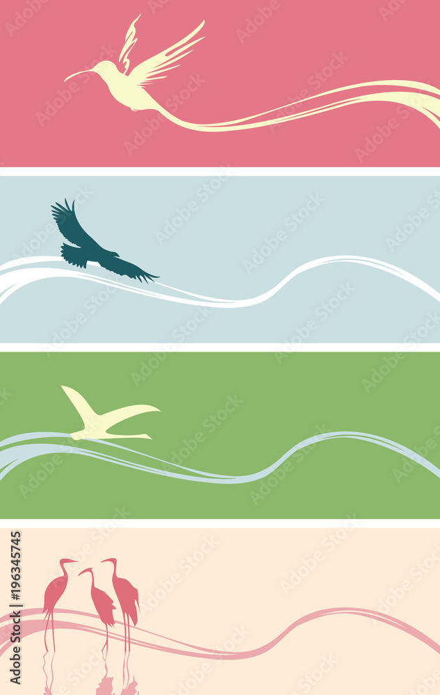 Set of vector banners or cards with silhouettes of various birds on abstract backgrounds with waves