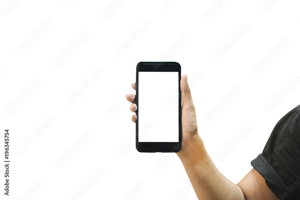 Hand holding blank white screen smartphone isolate on white background.. Hand holding blank white screen smartphone isolate on white background..