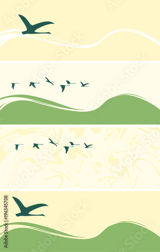 Set of vector banners or cards with silhouettes of flying geese or ducks on abstract backgrounds with waves, streaks and spots, flock of migratory birds