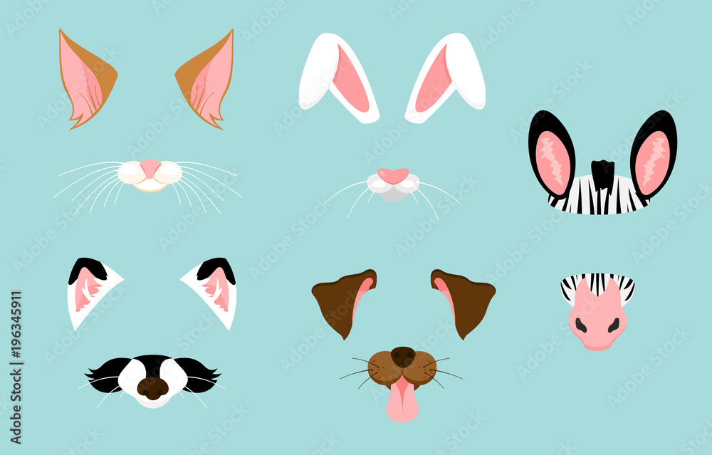 Vector illustration of cute and nice animal ears and nose masks for  selfies, pictures and video effect. Funny animals faces filters for mobile  phone. Stock Vector | Adobe Stock