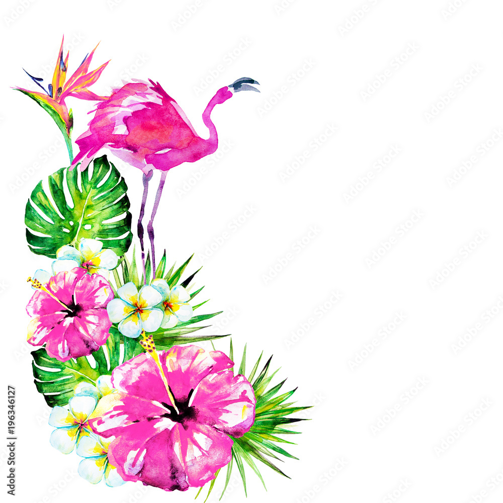 Fototapeta premium beautiful pink flamingo and exotic flowers , palm leaves, watercolor