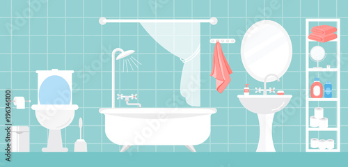 Vector illustration of modern bathroom interior in white and blue colors in flat cartoon style.