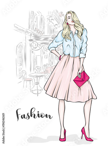A tall, slender girl in a midi skirt, a blouse, high-heeled shoes and a clutch. Vector illustration. Clothing and accessories, fashion and style. Eps 10.