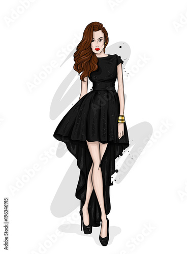 A tall, slender girl in a beautiful evening dress. Fashion & Style. Vector illustration. Eps 10.
