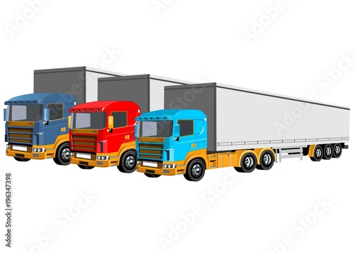 Vector small 2 trailers 3d vector. Solid and Flat color design.Stylyzed flame and water colored cars for transportation. Isolated on white vector