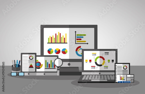 set of computer mobile statistics data business vector illustration