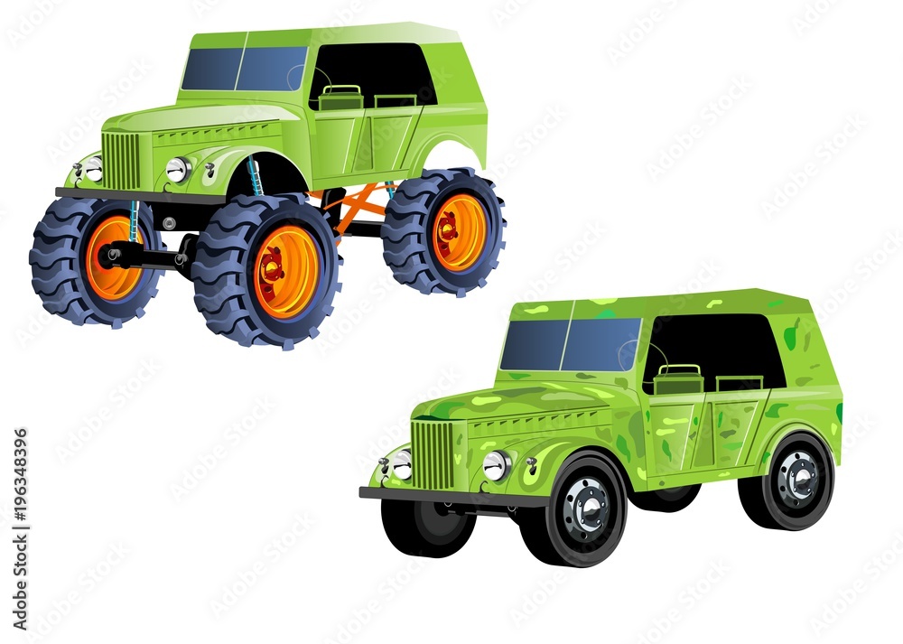 2 retro russian off road car, green colored, monster like design, big wheels