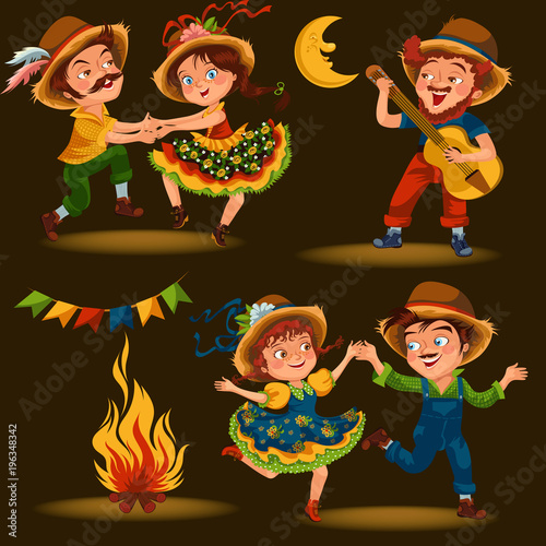 Young woman dancing salsa on summer festivals celebrated in Portugal Festa de Sao Joao, girl in straw hat traditional fiesta dance, holiday party dancer, festive people carnaval concept vector