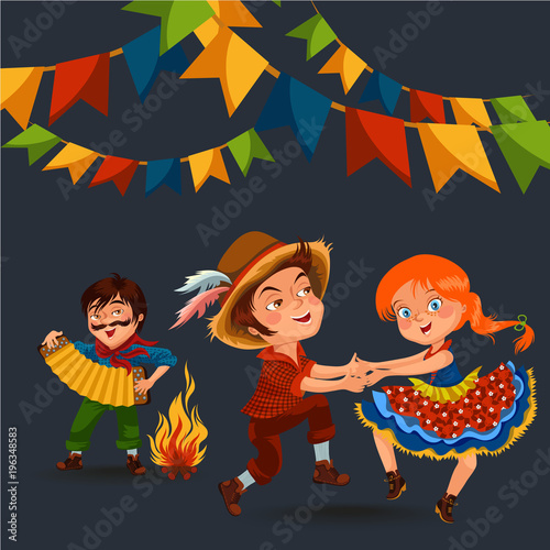 Young woman dancing salsa on summer festivals celebrated in Brazil Festa Junina, girl in straw hat traditional fiesta dance, holiday party dancer, festive people carnaval concept vector illustration